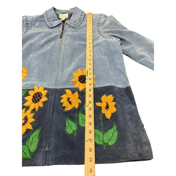 Quacker Factory Blue Suede Jacket Embroidered Sunflowers Vtg Full-Zip Size L - Picture 7 of 9